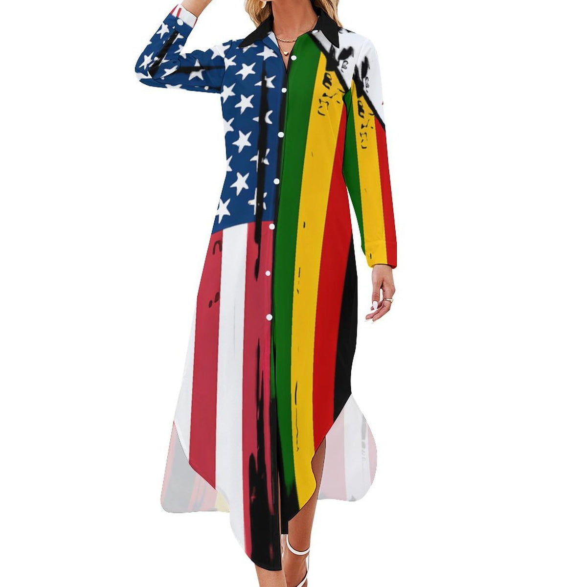 Robe-chemise tendance pour femme, ornée des drapeaux des États-Unis et du Zimbabwe, boutonnée, manches longues, maxi, robe d'été
