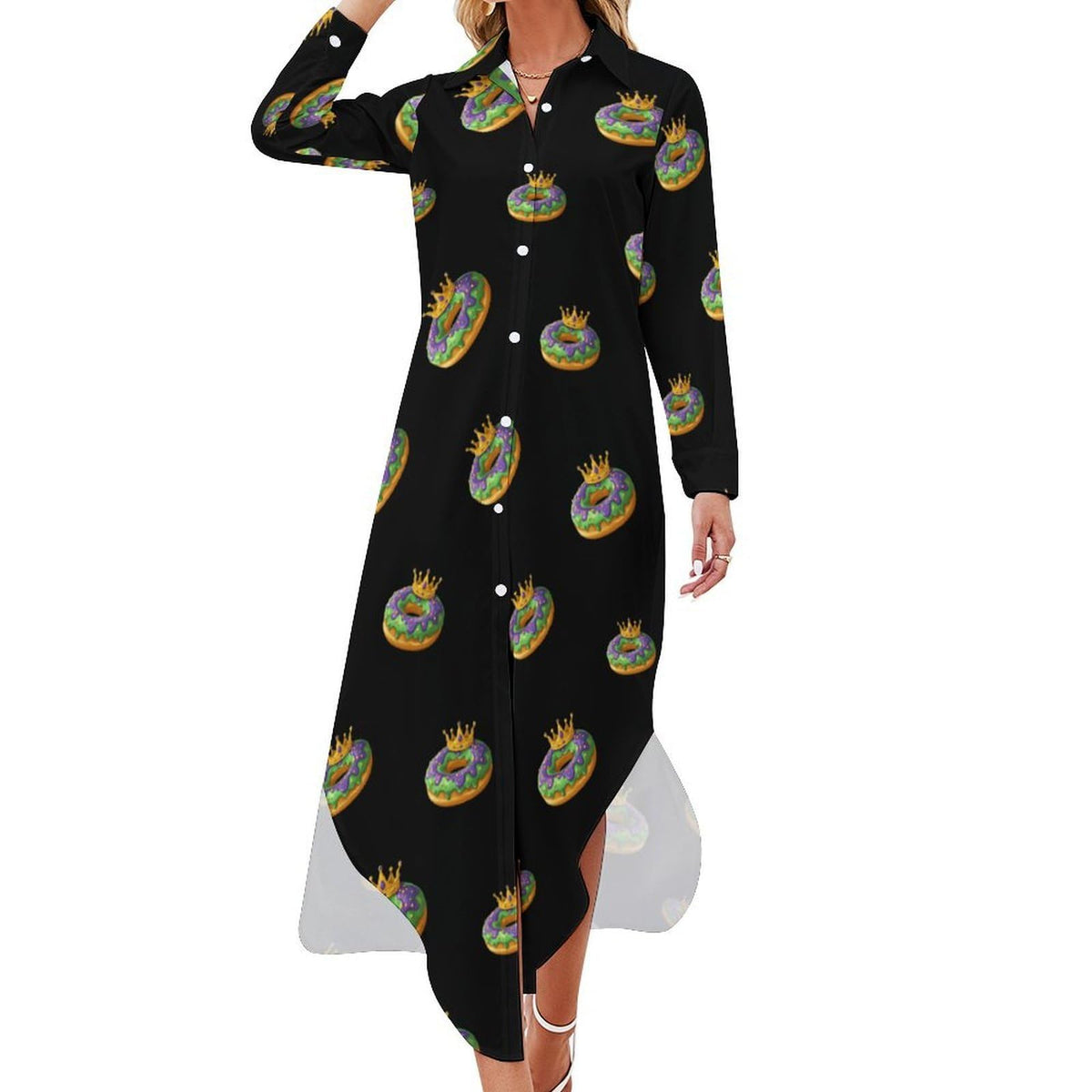 Robe-chemise tendance Mardi et Gras Donut pour femme, boutonnée, manches longues, maxi, robe d'été