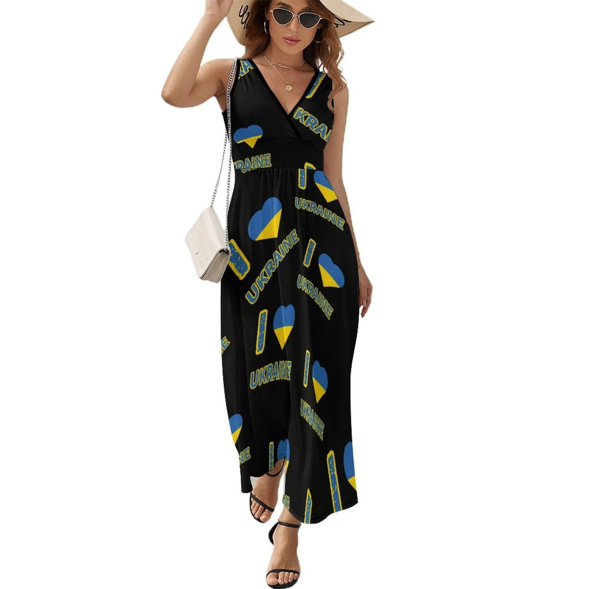 Robe longue d'été sans manches à col en V pour femme « I Love Ukraine », style décontracté