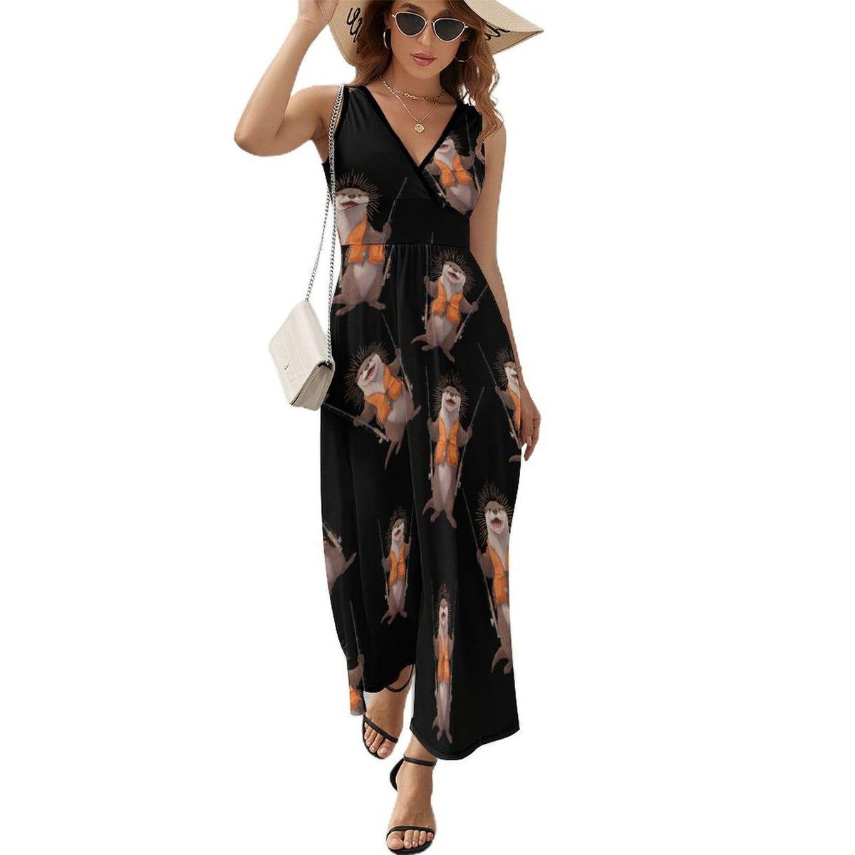 Robe d'été maxi sans manches à col en V pour femme, motif pêche à la loutre, style décontracté.