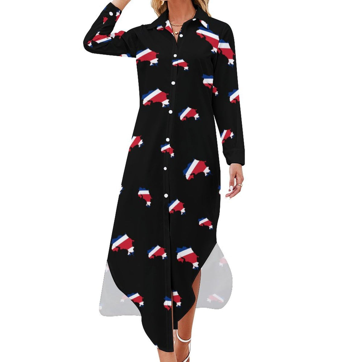 Robe-chemise fantaisie pour femme avec drapeau et carte du Costa Rica, boutonnée, manches longues et fendue.