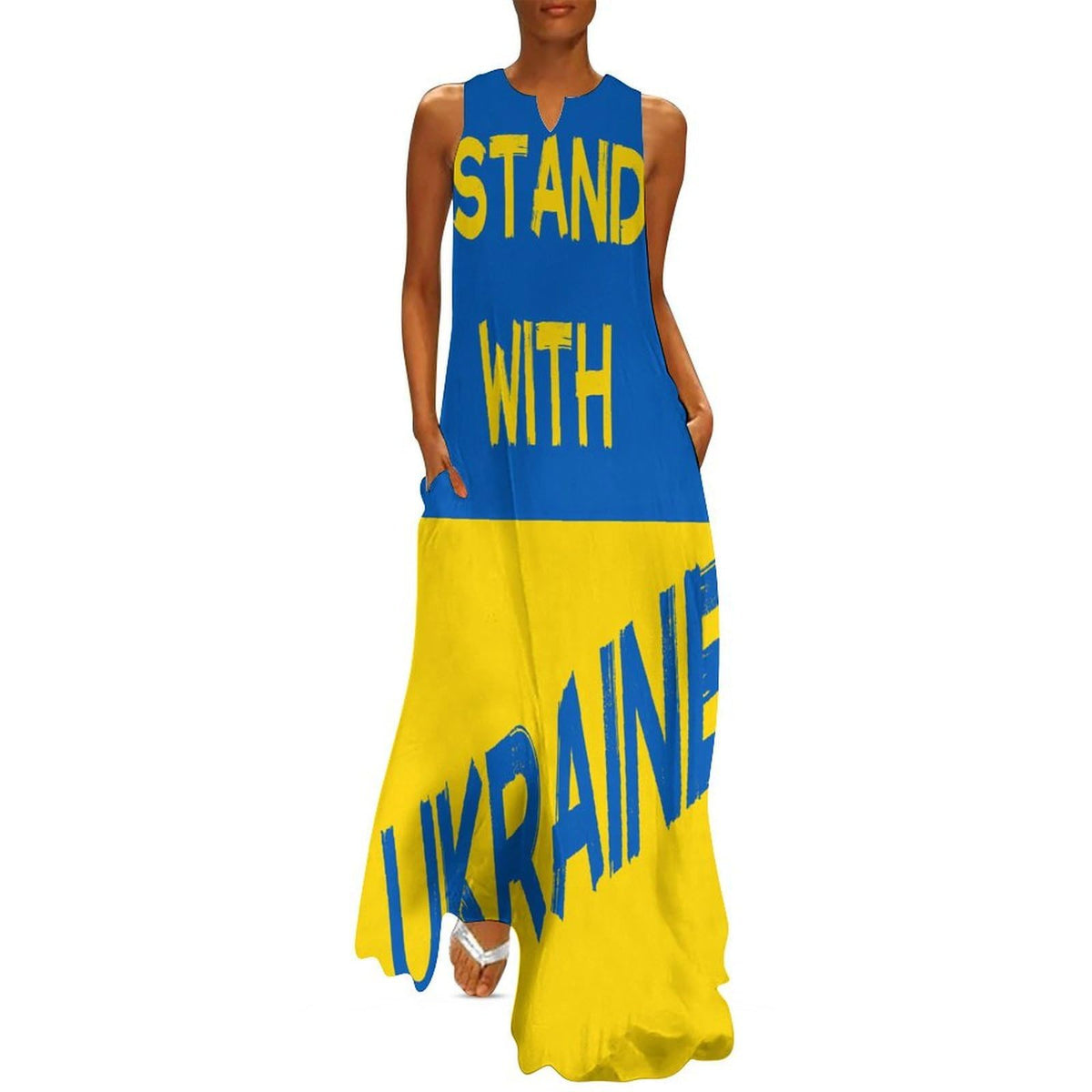 Robe longue maxi maxi sans manches pour femme, col en V, coupe ample, unie, avec poches, « Je soutiens l'Ukraine »