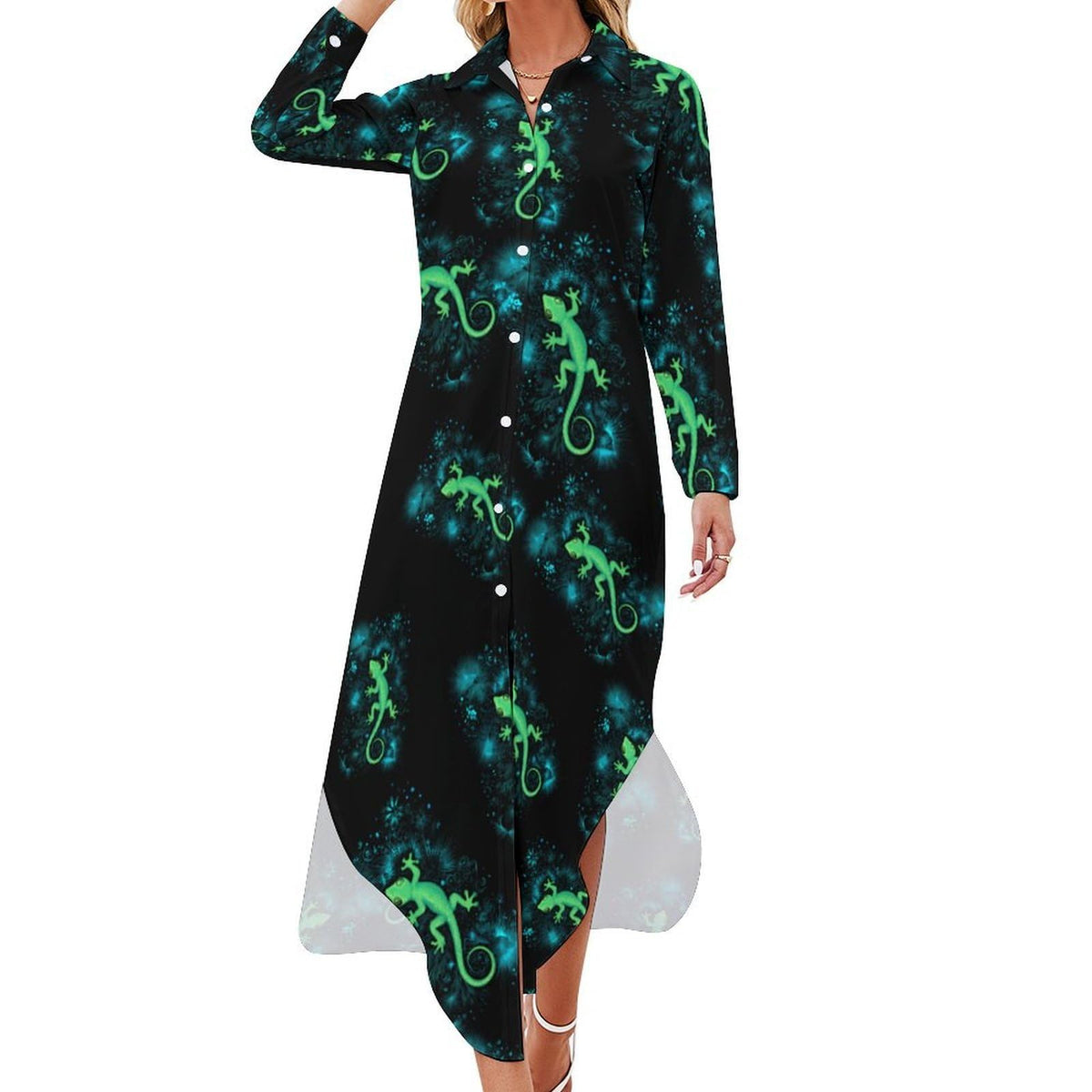 Robe-chemise tendance pour femme avec un motif gecko amusant, boutonnée, manches longues, maxi, robe d'été